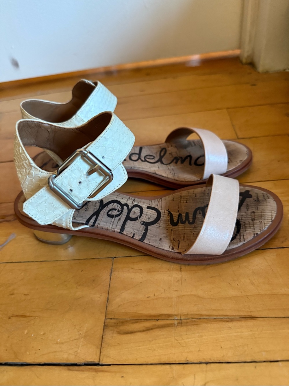 Sam Edelman Cream Ankle Strap Sandals Metallic Heel